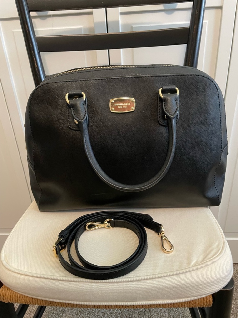 Michael Kors Black Saffiano Satchel with Gold-Tone Plaque